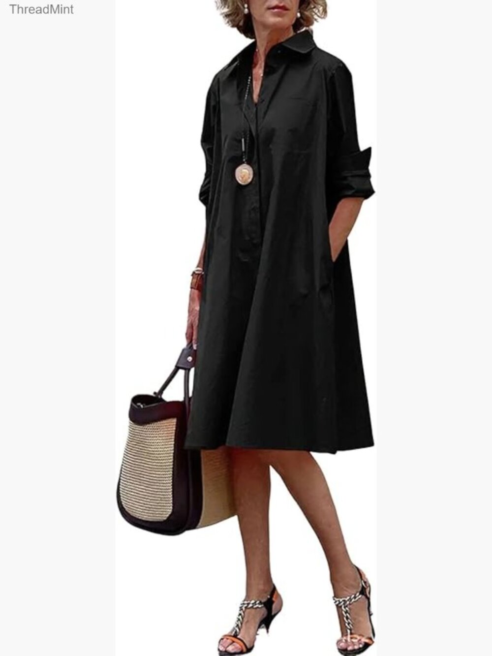 Women's Button-Down Shirt Dress Loose A-Line Midi Shift Tunic